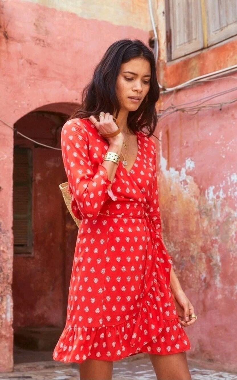 Sézane Elena Red Ecru Print Wrap Dress Size 36 US 4 Ruffle Hem 3/4 Sleeve Mini